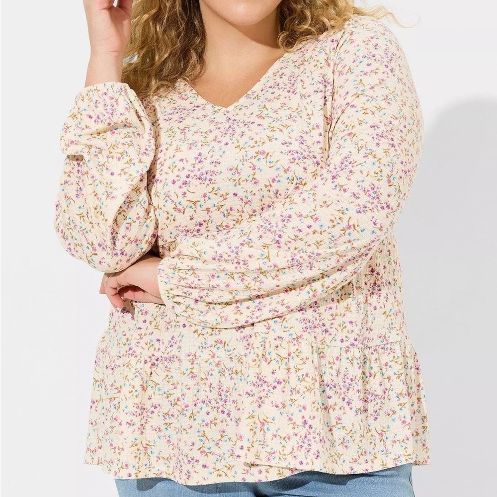 Torrid women's 00 Large  Floral V-Neck baby doll layered Long Sleeve Top NWT